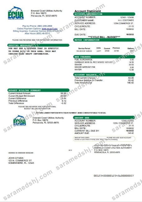 USA ECUA utility bill template in Word and PDF format
